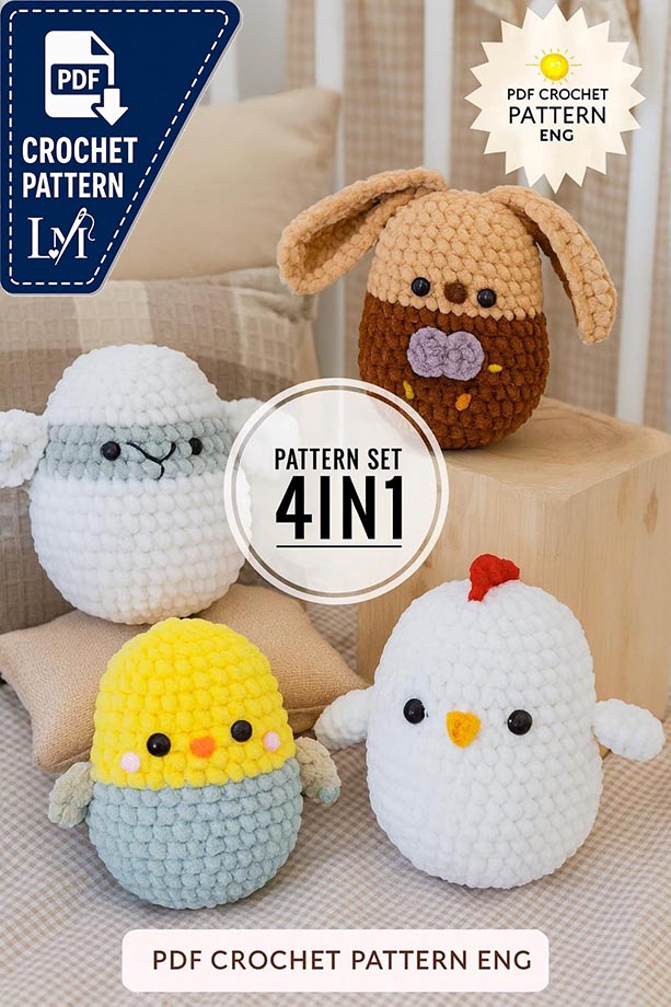 Easter Plushies Crochet Pattern PDF – Amigurumi Sheep, Bunny, Chicken, Parrot – Spring Crochet Toy Set